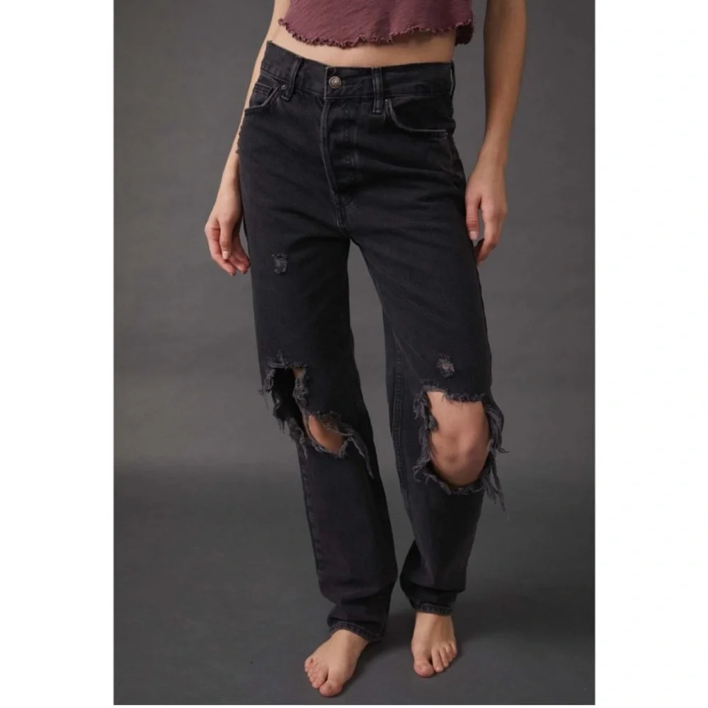 Free People Black High-Rise Distressed Jeans (Lasso)